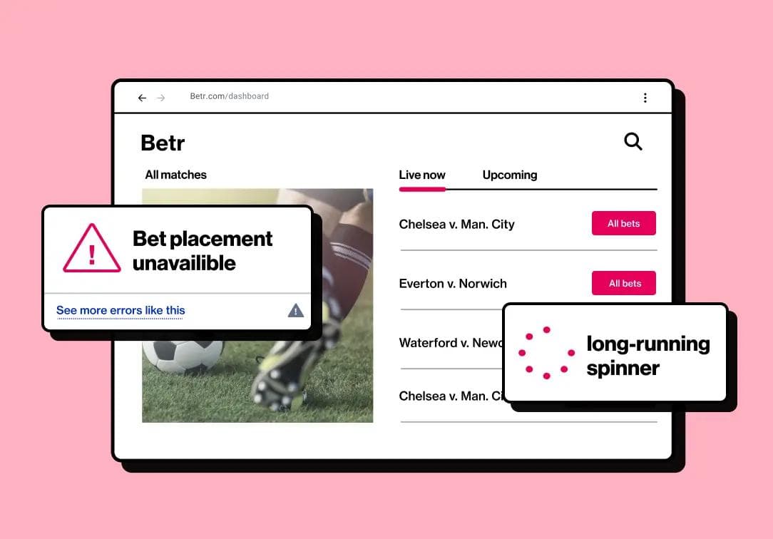 Betting site interface with bet placement error, long-running spinner, and rage click in gaming analytics