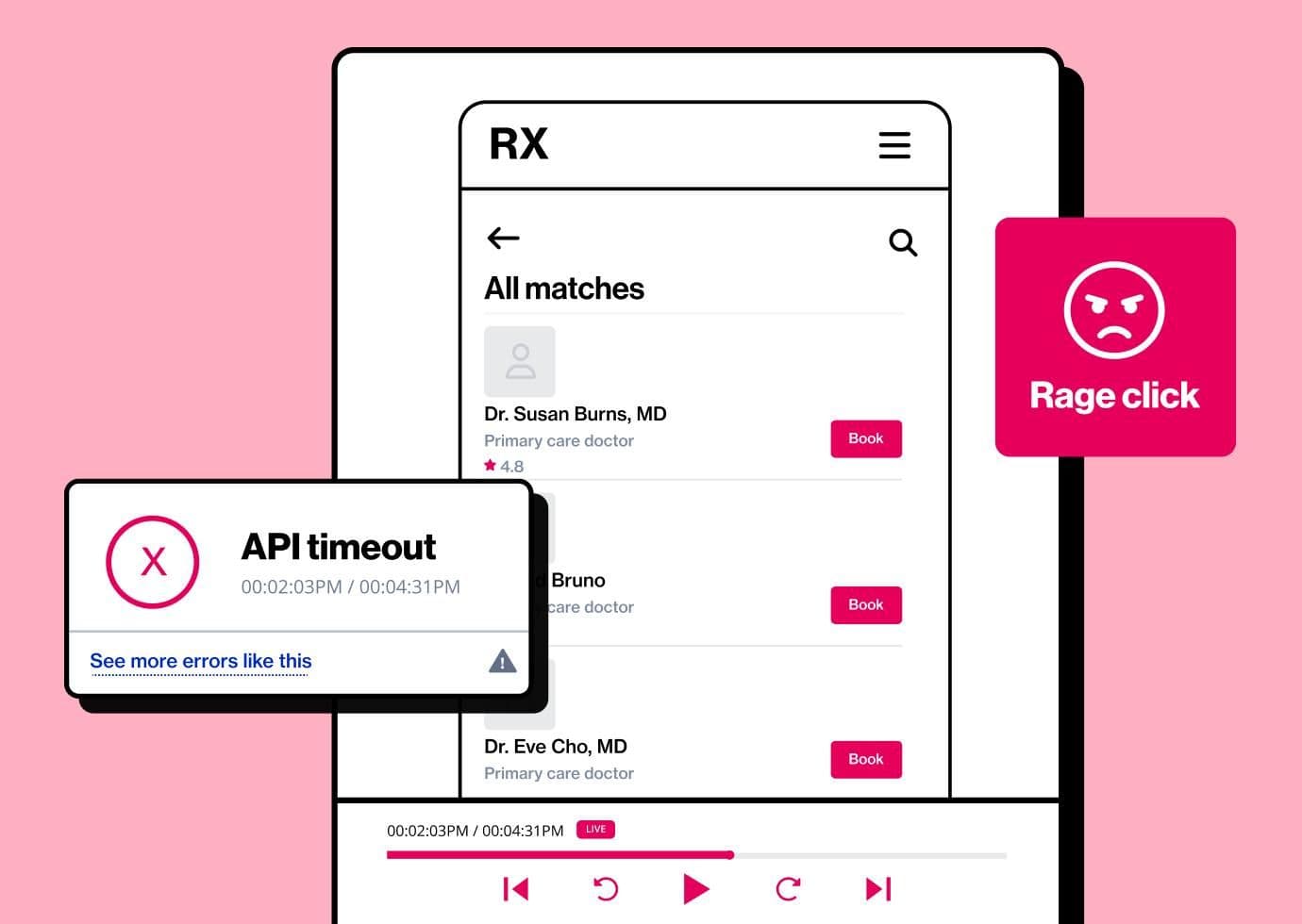 Mobile RX app showing doctor matches with rage click icon and API timeout error in digital healthcare user experience
