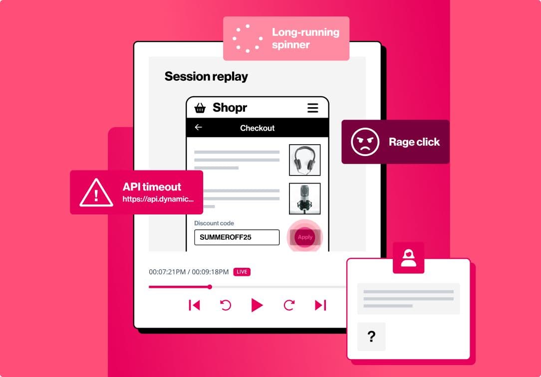 Session replay of checkout with long spinner, rage click, and API timeout on discount code in retail conversion insights