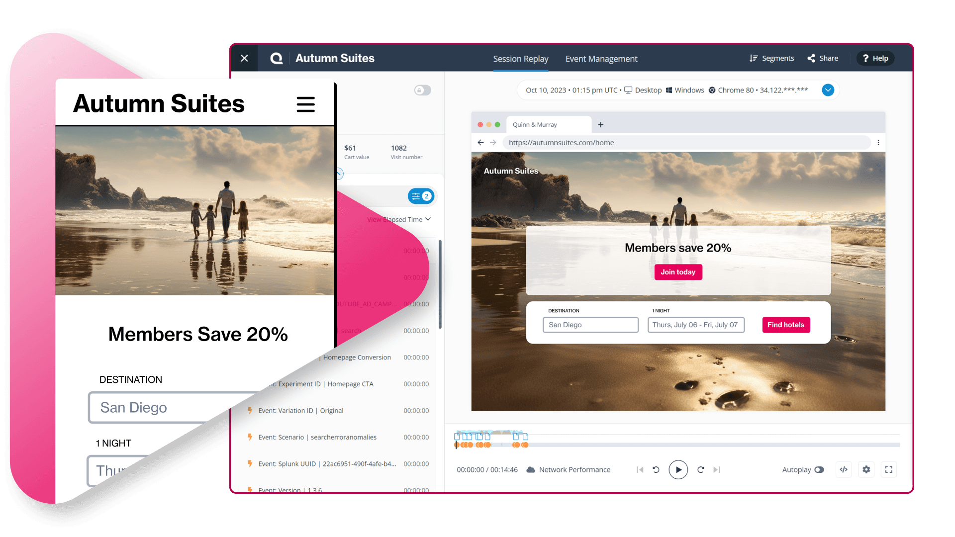 Interface of a session replay tool with video playback and user behavior timeline.
