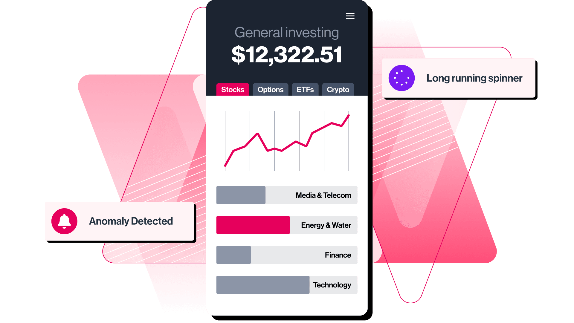 Mobile investing app showing portfolio balance, sector allocation chart, anomaly detection, and long spinner alert in wealth management