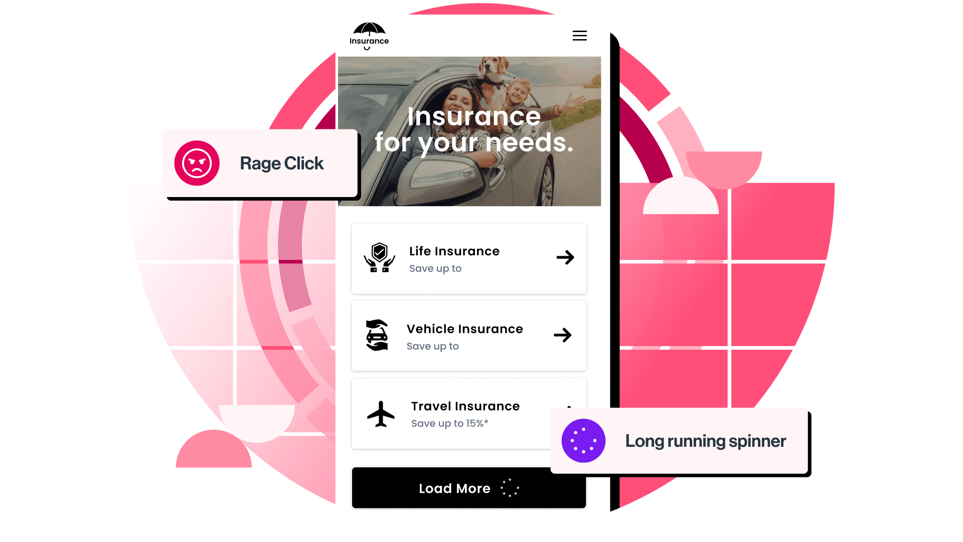 Mobile insurance app interface showing policy options with rage click and long spinner annotations for user frustration in financial services