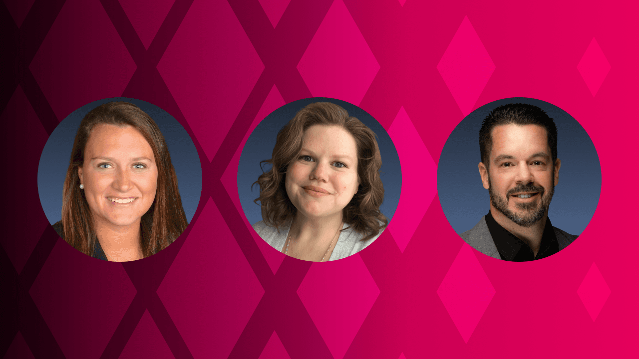 Three professional portraits on pink diamond pattern for hospitality team expertise