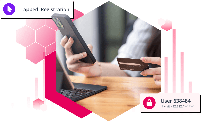 Illustration of user registering credit card on mobile and laptop with analytics overlay for financial services