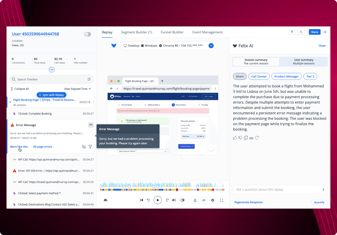 Session replay of flight booking error with API timeout, rage click, and AI frustration summary in travel analytics